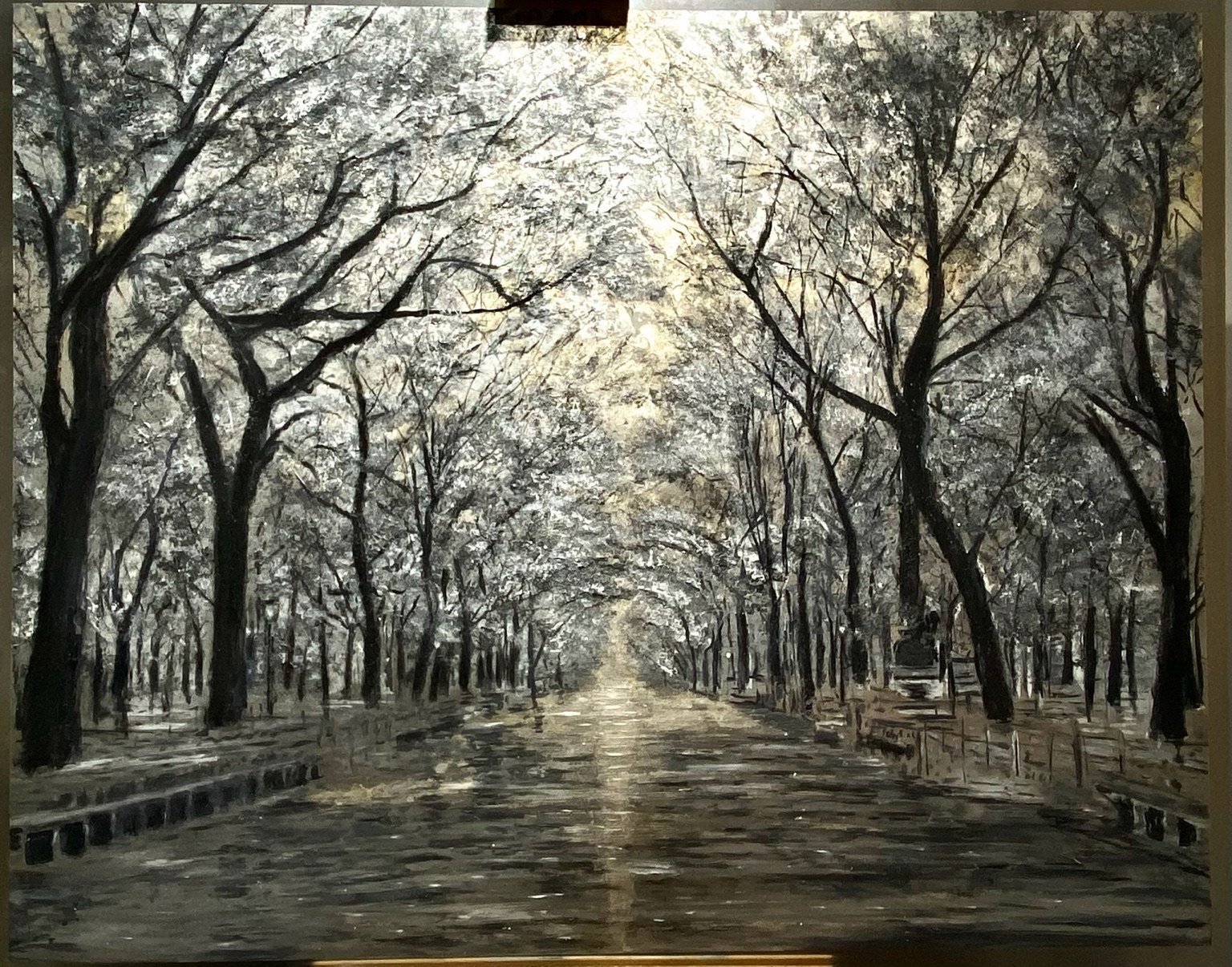 Monochrome artwork of a tree-lined Central Park walkway with light falling between the branches