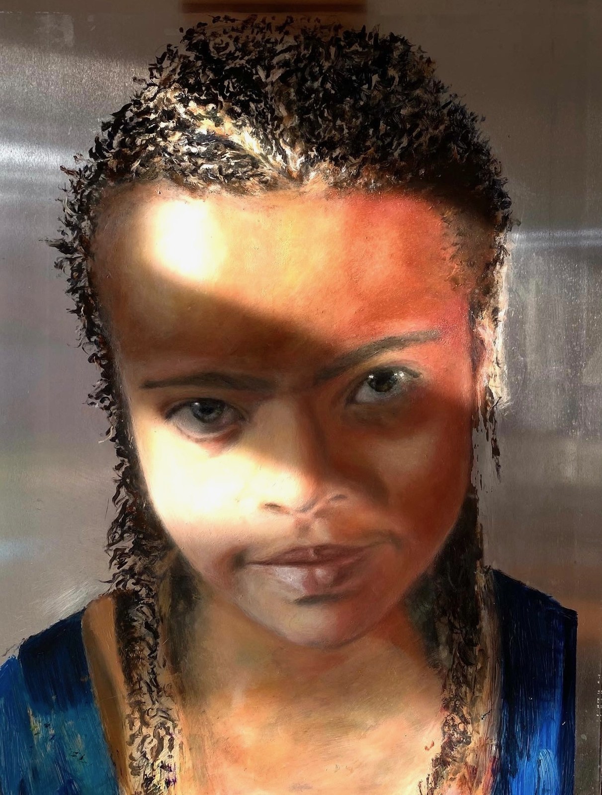 Painted portrait with braided hair and warm light across the face on a metallic surface