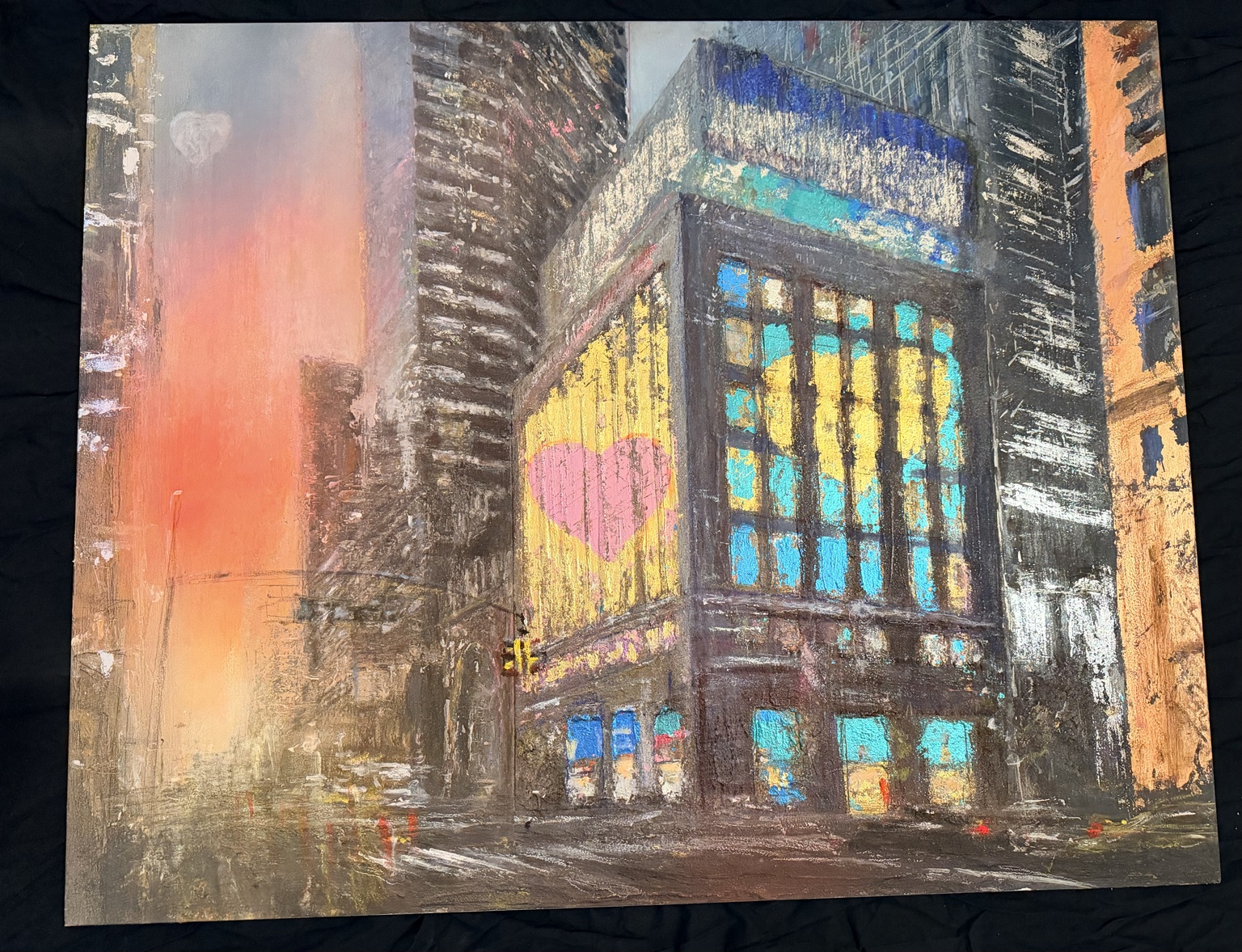Tiffany & Co mixed media painting with gold, turquoise windows and a pink heart